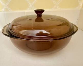 Brown Pyrex covered casserole