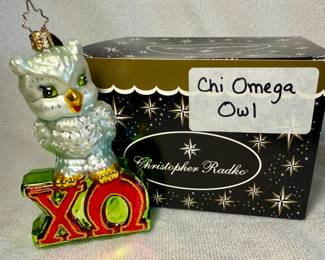 Christopher Radko "Chi Omega Sorority Owl" glass ornament