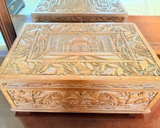 Vintage Kashmiri hand carved wood jewelry box