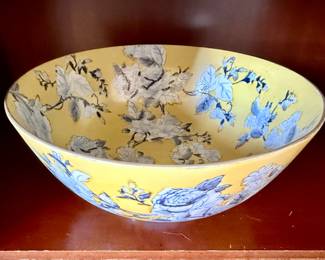Blue and yellow ceramic fruit bowl