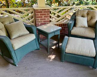 Green wicker rocking chair, side table, chair and ottoman
