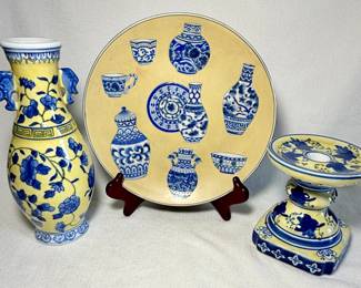 Blue and yellow ceramic vase, plate and candlestick