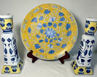 Blue and yellow ceramic plate and candlesticks