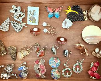 Assorted clip-on earrings and pins