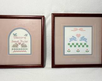 Framed needlepoint and folk art by Grey Goose Gallery