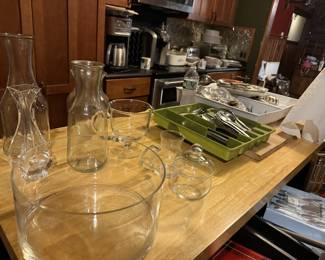 MCM flatware, glass vases bottles cake pans. Trifle bowl , glass creamer and sugar