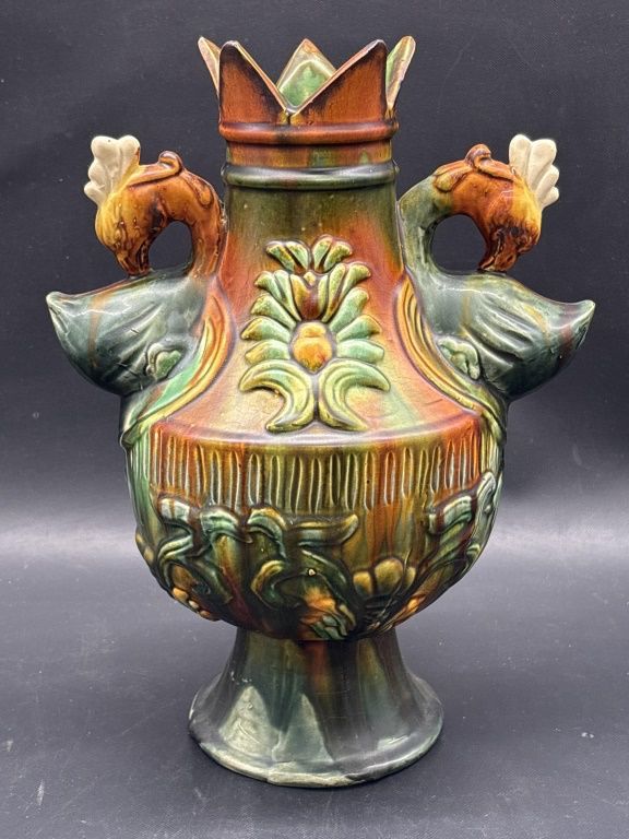 Ceramic Vase w/ Bird Handles & Botanical Design