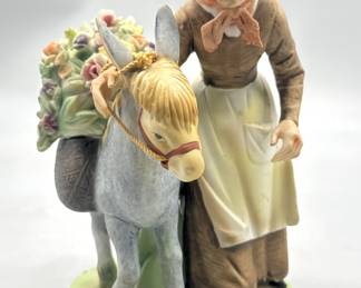 Vtg. Ceramic Figurine Old Lady & Donkey w/ Flowers
