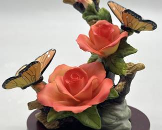Ceramic Flowers & Butterflies on Wood Stand