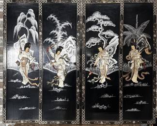(4) Asian Black Lacquered Screen w/ Raised Images
