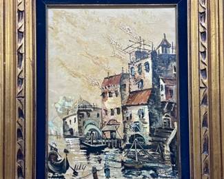Framed Harbor Scene w/ Asian Junk Ships