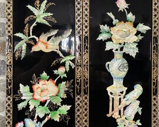 Black Lacquered Chinese Panels w/ Raised Image
