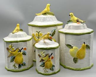 (4) Vtg. Ceramic Canisters w/ Yellow Bird Lids