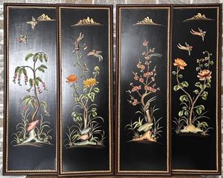 (4) Lacquered Asian Panels w/ Raised Scenes