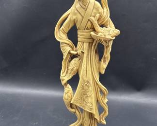 Alabaster Resin Asian Lady Holding Fish Sculpture
