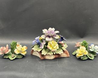 (3) Capodimonte Porcelain Flower Arrangement & 2- Candle Holders