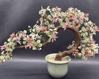 Vintage Coated Glass Asian Flowering Bonzai Tree