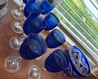 Cobalt blue crystal goblets, wine, bowl