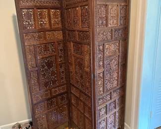 Antique  Carved Wood 3 Panel Room Divider