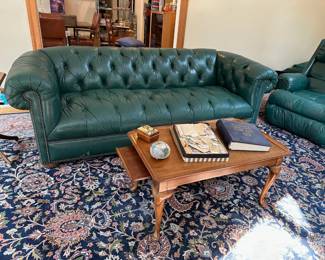 Green Leather Chesterfield Style Sofa, Tea Table, Stamp Collection