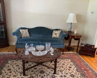 Henredon Camel Back Sofa, Federal Style Inlaid Pembroke Table, Butler's Coffee Table, Cut Glass, Magazine Holder, Large Oriental Carpet