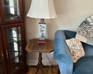 Tilt Top Table, Pair of Asian Lamps
