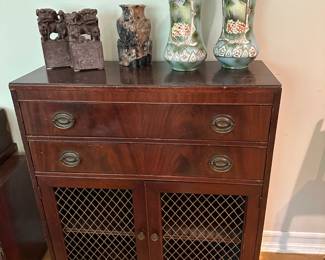 Vintage Mahogany Cabinet, Chinese Foo Dog Bookends, Chinese Soapstone Vase, Pair of Asian Vases