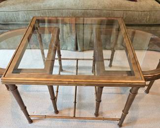 3 Piece Coffee Table 
Center piece  - 27 3/4"w x 20 3/4"w x 22" tall
End pieces - 20 1/2" x 20 1/2"
