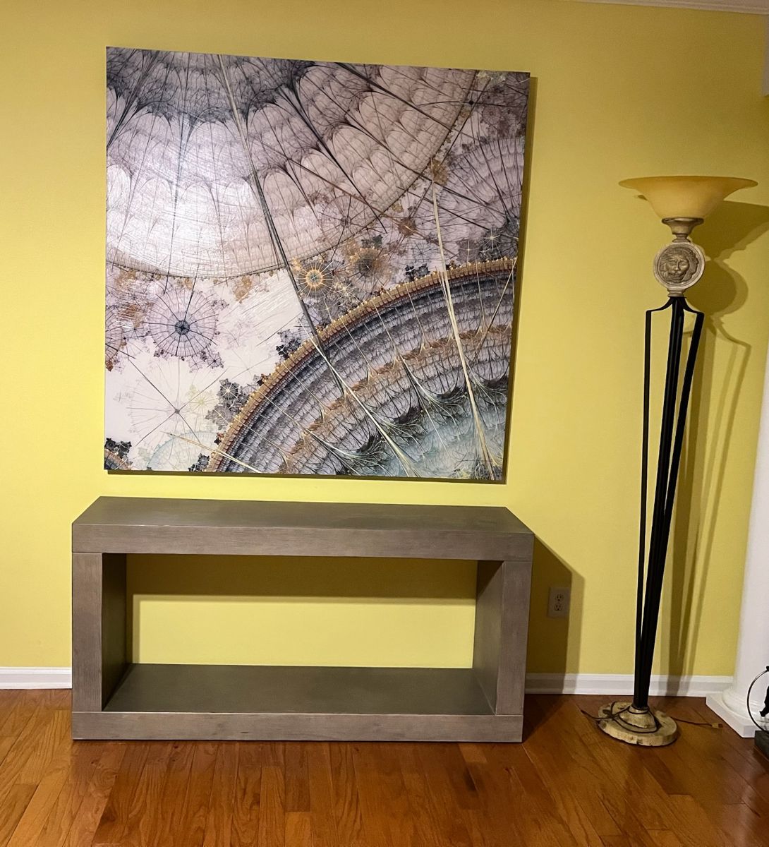 Large geometric print and contemporary gray side table