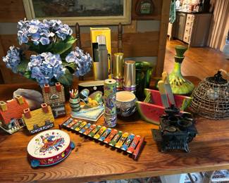 Acoma Pottery, Vintage Kid's music toys, Plastic canvas houses, color craft cups and picture, vintage Stanley in box