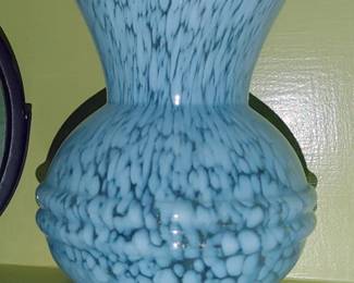 Vintage blue Art Deco blown splatter ware glass vase