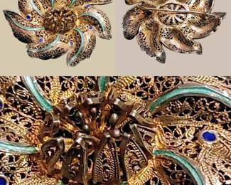 Fantastic early filigree sterling silver gold and enamel brooch/pin