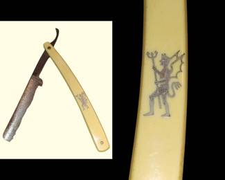 Very unusual and rare Bakelite straight razor with inlay devil figure ( blade appears to have been cut- so it can't be used)