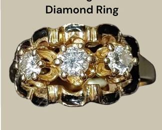 Stunning Vintage Mid Century Gold .60ct Diamond w/ Scalloped Black Enamel 3 Stone Ring
