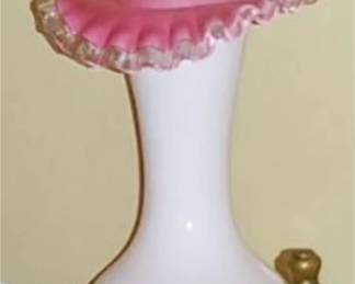 Fenton Peach Crest vase, specifically a "Jack-in-the-Pulpit" style vase with a ruffled, clear edge.
50.00
