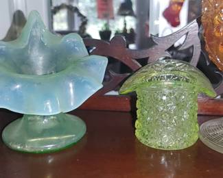 Uranium glass Jack and the pulpit vase uranium glass top hat Daisy and button
Carnival glass goblet