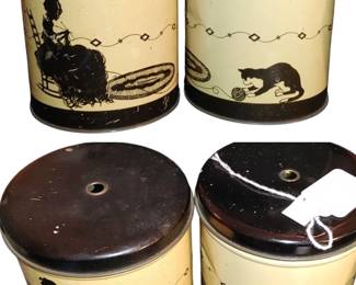 Vintage Tin Yarn or String Holder Vintage Silhouette Lady knitting with ball of yarn and a cat playing with yarn
4 1/2" tall
4 1/4" diameter.

