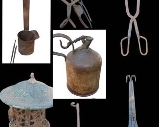 Nice selection of antique rusty items
Army gas can cast on Pagoda Lantern blacksmithing tools and more