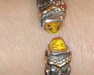 Samuel B Sterling Silver & 14K Gold Hinged Bangle Bracelet Citrine & Ruby Gemstones