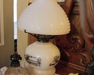 Beautiful milk glass Currier and Ives lamp with white hobnail shade