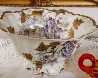 Beautiful hand-painted pedestal bone grapes and grape leaves