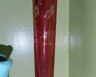 Etched cranberry glass vase