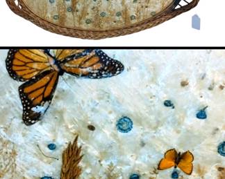 Victorian Antique Butterfly Floral Silkweed Taxidermy Wicker Basket Glass Tray 