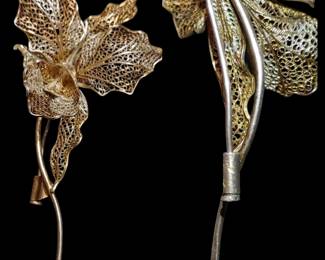 Sterling silver & gold filigree Orchid brooch damage to one leaf