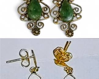 Vintage 14 karat gold Jade and filigree dangle earrings