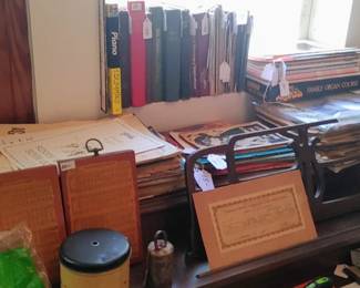 Piano room has music vintage bottles pictures and more