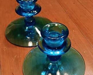 Vintage Fostoria Electric Blue Glass Candlestick Holders Set of 2 