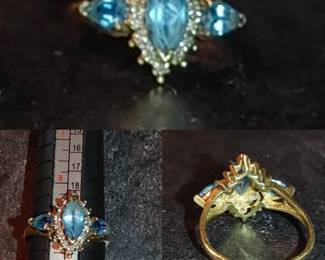 Vintage 10k. Gold blue topaz and diamond ring SIZE 9