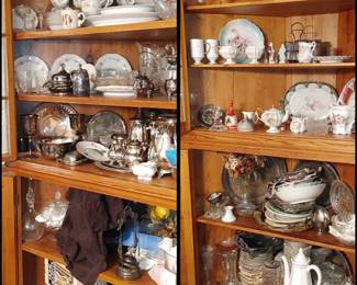 Too large pine Corner cabinets in the large kitchen. The cabinets how's an array of items including sterling silver -porcelain bowls- pickle caster & more.
Its a work in progress