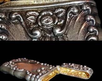 Gorgeous Sterling Silver Victorian match safe/box spring loaded closure 14 karat gold wash inside monogram on the front